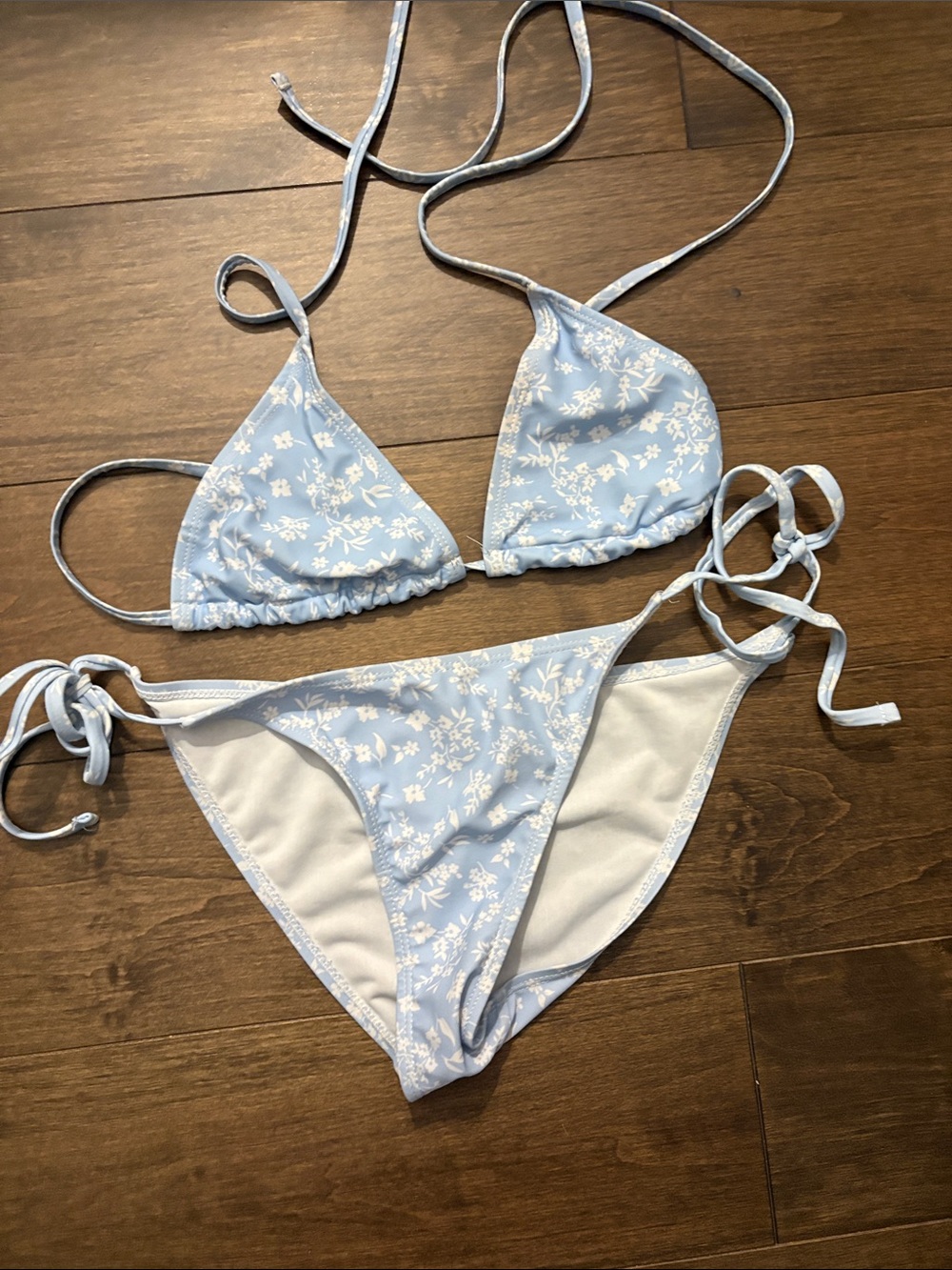 Ella Light Blue & White Floral Triangle String Bikini